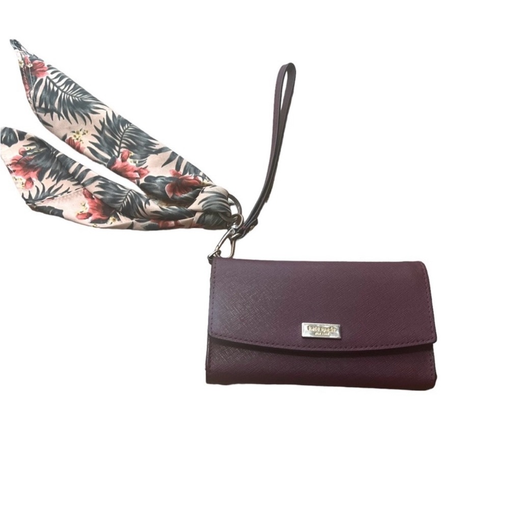 KATE SPADE Trifold Wristlet Wallet with Cell Phone Holder Maroon w/ Scarf